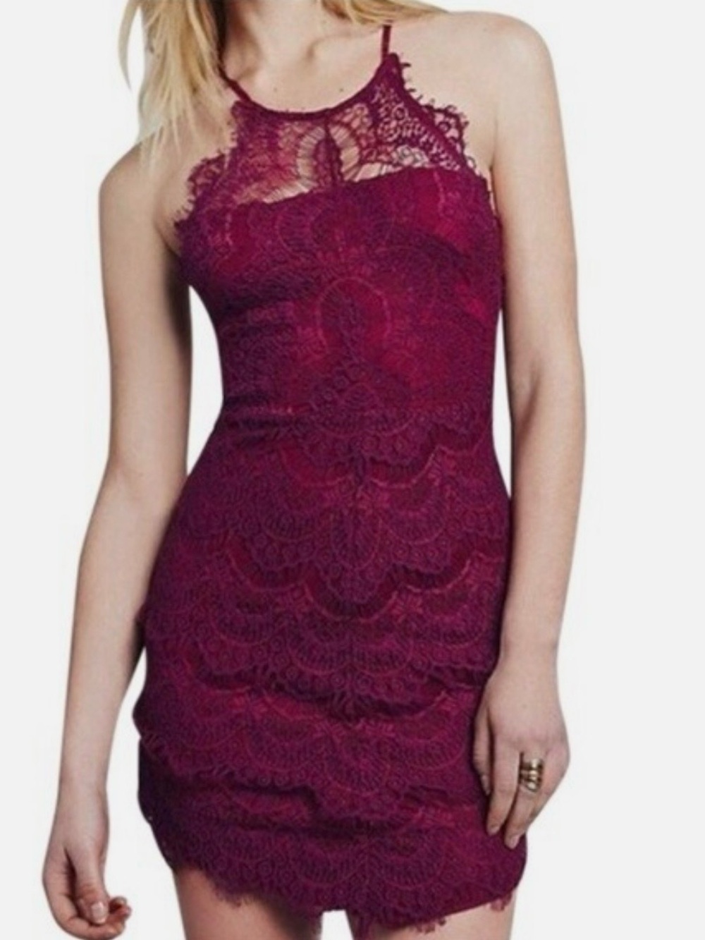 Free People She’s Got It Slip Mini Lace High Neck Dress Burgundy Purple